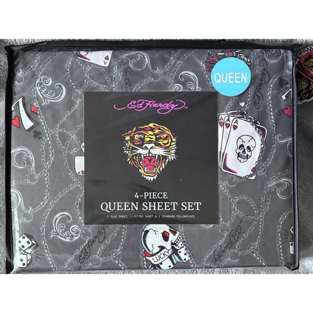 Ed Hardy Queen Sheet Set 4 Piece Gray Skull Tiger Playing Cards Bedding New